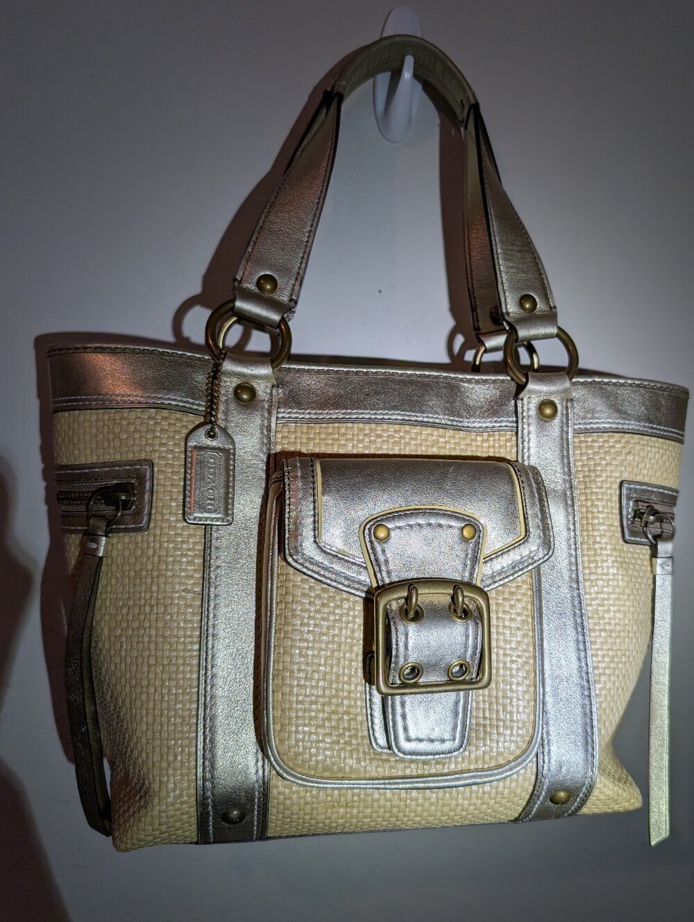 Coach Vintage Silver Metallic Trim Woven Straw Tote Bag in Gold and Cream